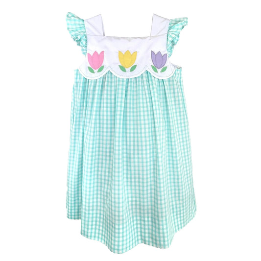 Aqua Check Tulip Applique Dress